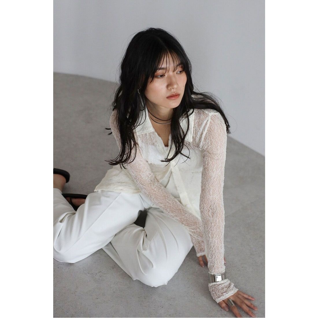 ボンジュールサガン BONJOUR SAGAN sheer stretch lace polo cardigan / シアーストレッチレースポロカーディガン （IVORY） IVORY