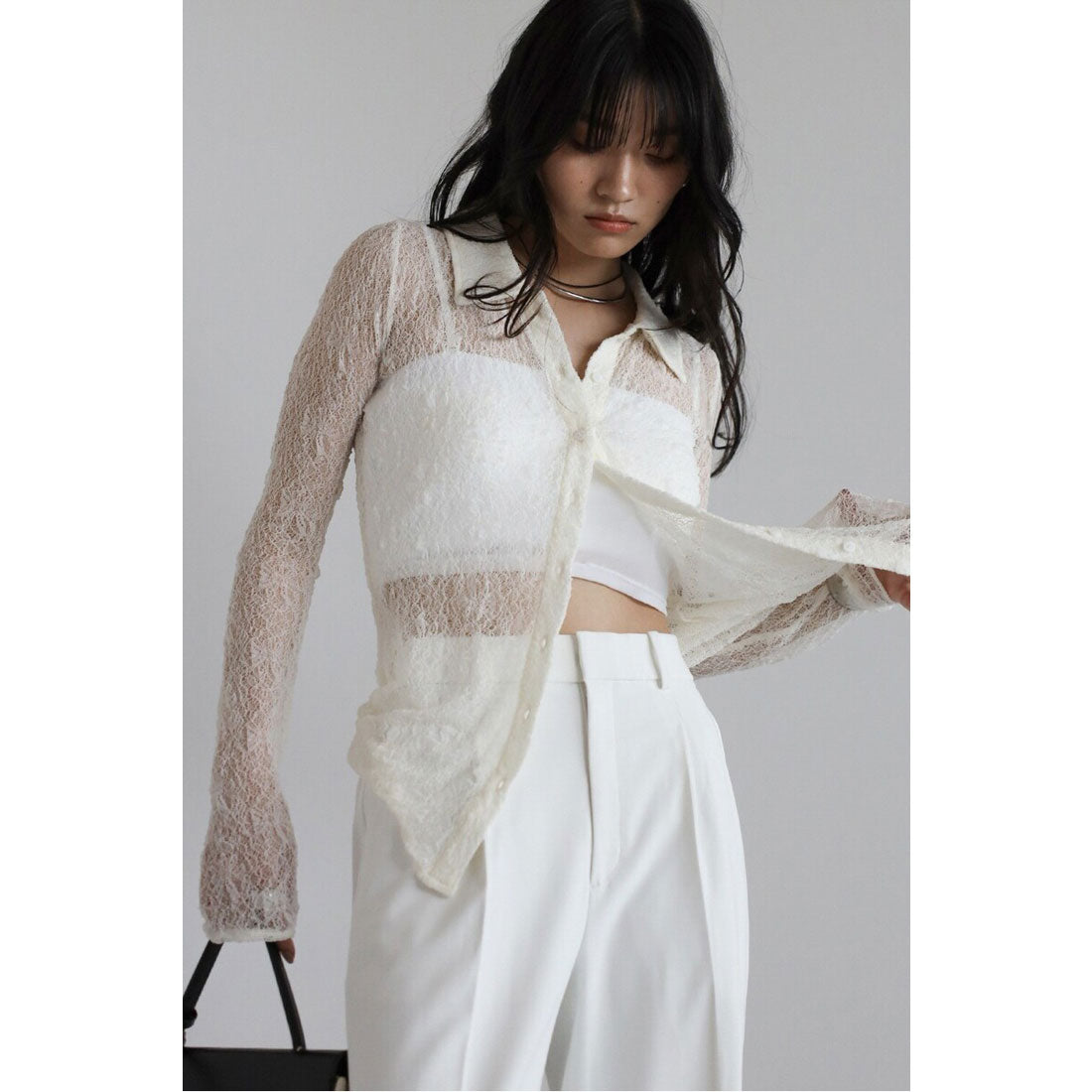 ボンジュールサガン BONJOUR SAGAN sheer stretch lace polo cardigan / シアーストレッチレースポロカーディガン （IVORY） IVORY