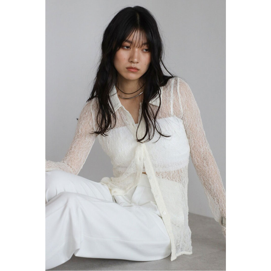 ボンジュールサガン BONJOUR SAGAN sheer stretch lace polo cardigan / シアーストレッチレースポロカーディガン （IVORY） IVORY