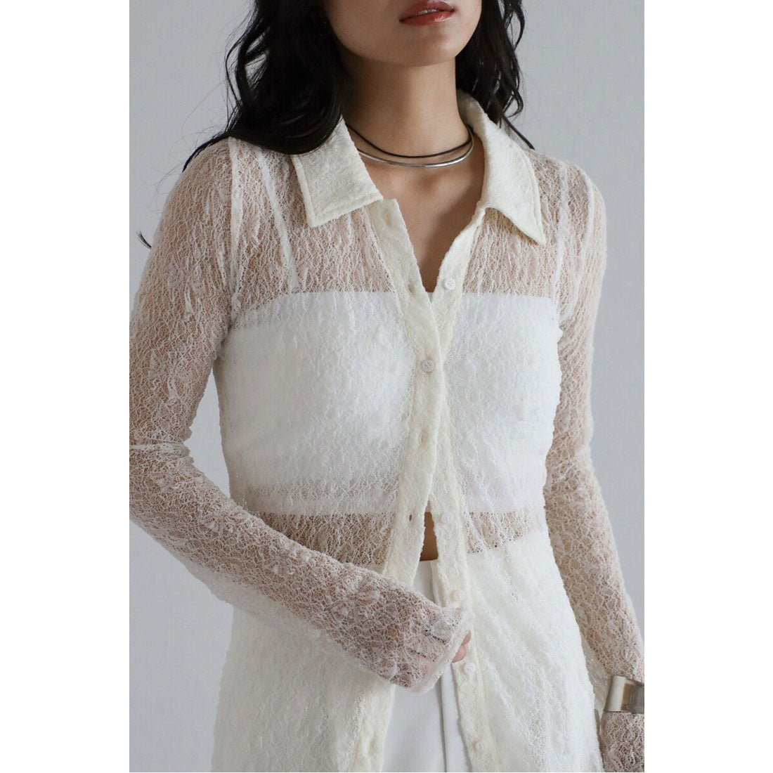 ボンジュールサガン BONJOUR SAGAN sheer stretch lace polo cardigan / シアーストレッチレースポロカーディガン （IVORY） IVORY