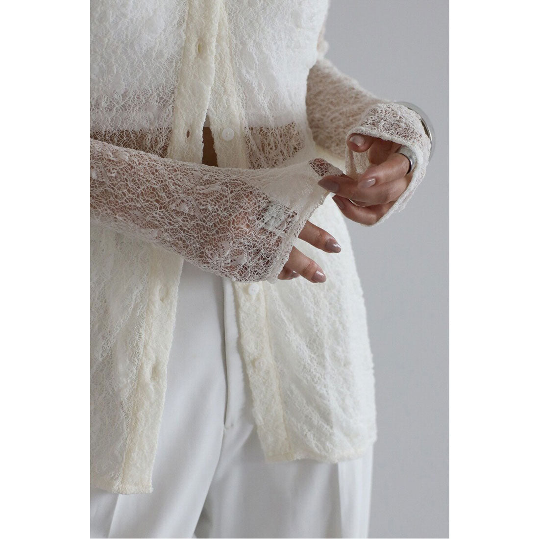 ボンジュールサガン BONJOUR SAGAN sheer stretch lace polo cardigan / シアーストレッチレースポロカーディガン （IVORY） IVORY