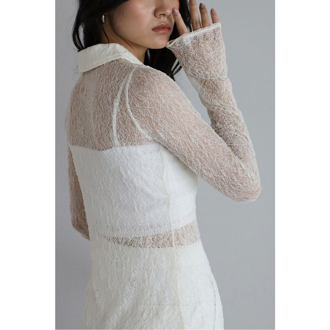 ボンジュールサガン BONJOUR SAGAN sheer stretch lace polo cardigan / シアーストレッチレースポロカーディガン （IVORY） IVORY