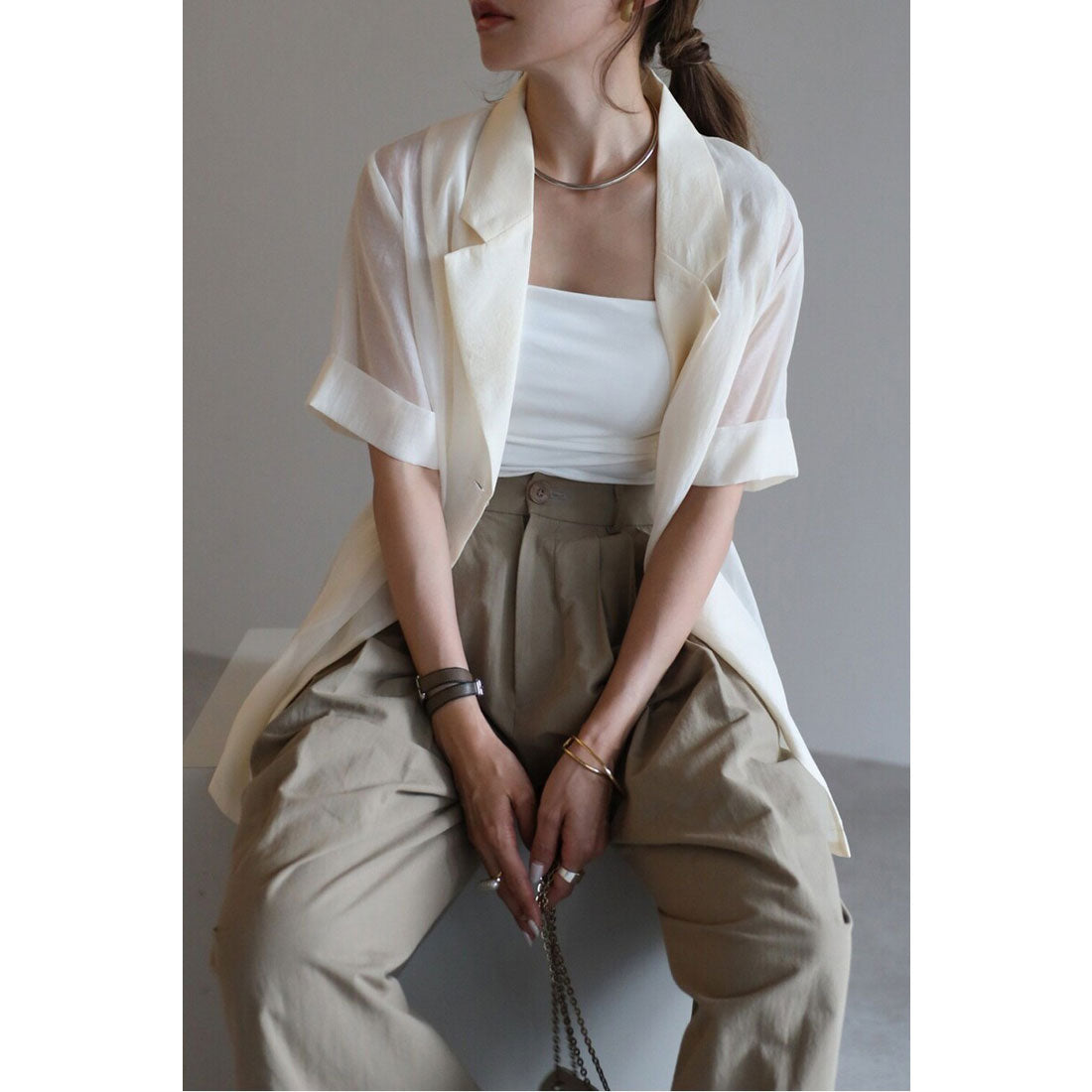 ボンジュールサガン BONJOUR SAGAN ハーフスリーブシアージャケット （IVORY） IVORY