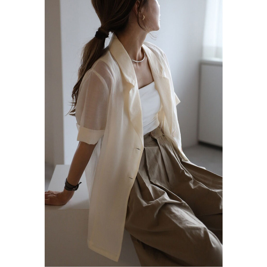 ボンジュールサガン BONJOUR SAGAN ハーフスリーブシアージャケット （IVORY） IVORY