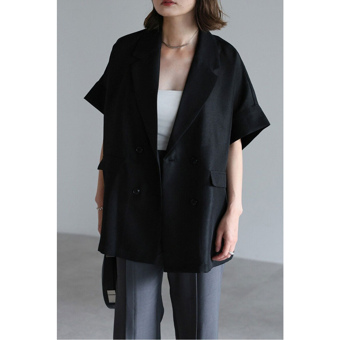 ボンジュールサガン BONJOUR SAGAN リネンライク半袖ジャケット （BLACK） BLACK