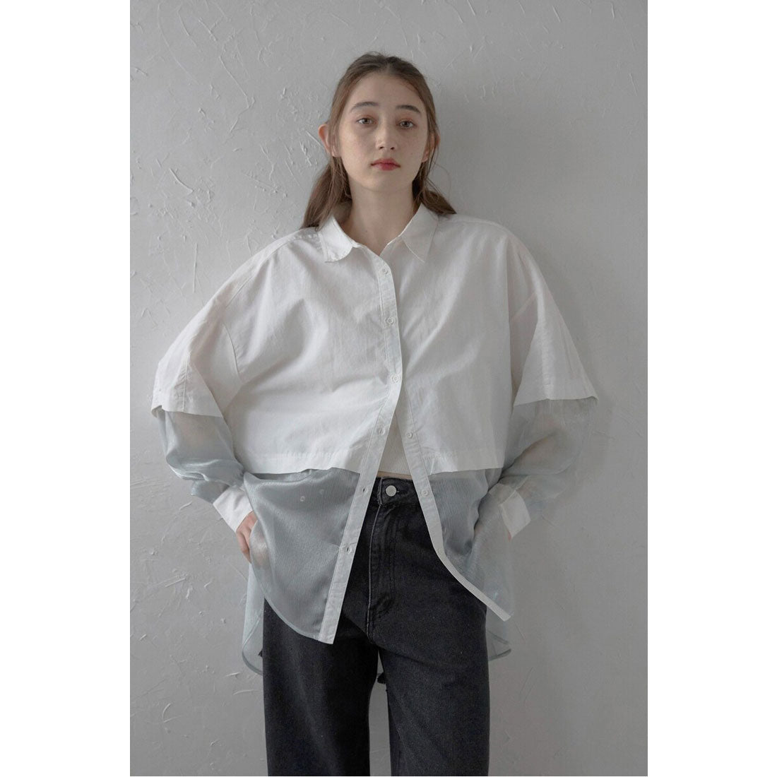 ボンジュールサガン BONJOUR SAGAN sheer shiny hem shirt / シアーシャイニーヘムナイロンシャツ （OFF-WHITE） OFF-WHITE