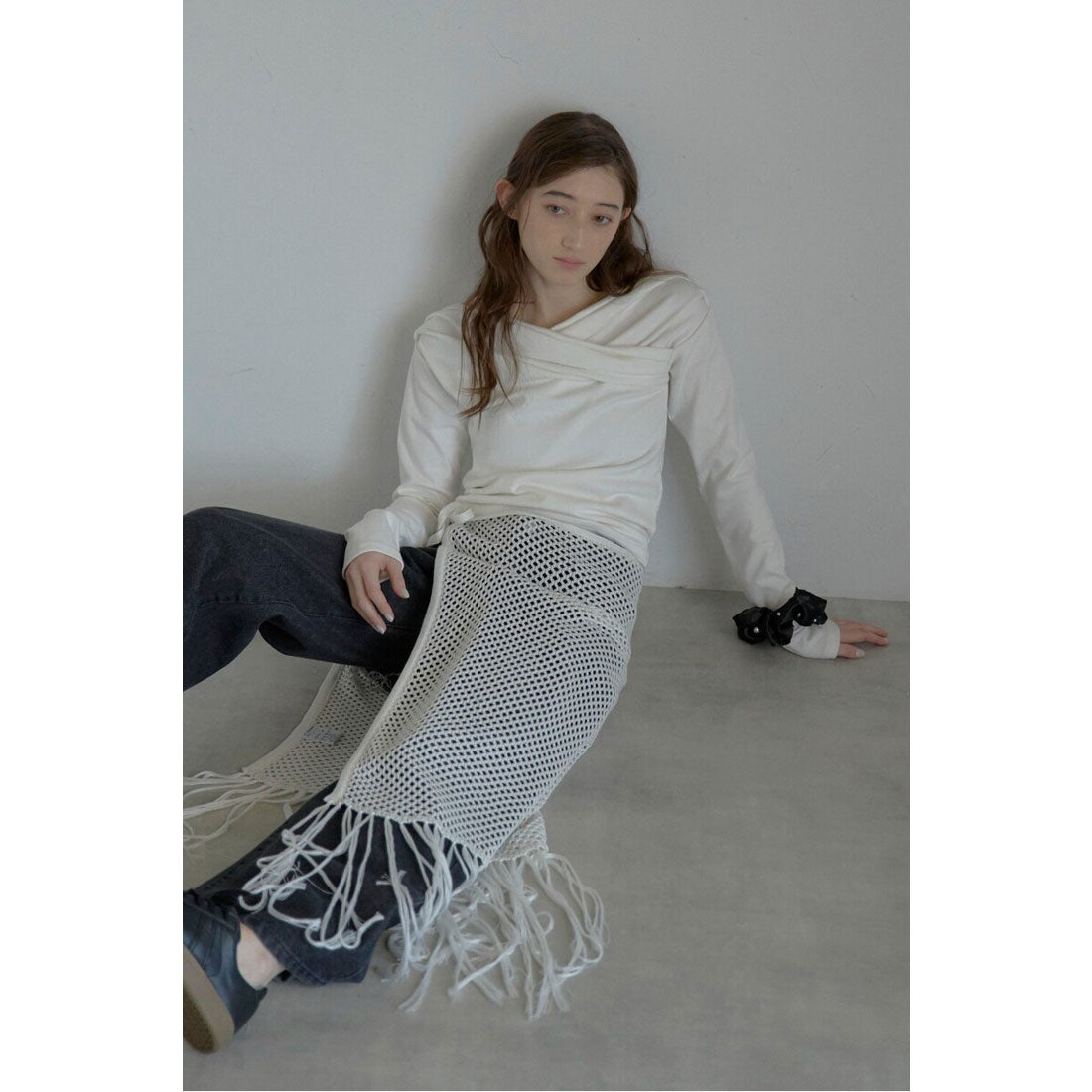 ボンジュールサガン BONJOUR SAGAN openwork knitted wrap skirt / 透かし編みラップスカート （OFF-WHITE） OFF-WHITE