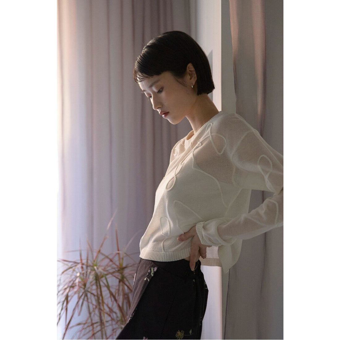 Bonjour Sagan cord embroidery sheer knit tops / Cord embroidery sheer