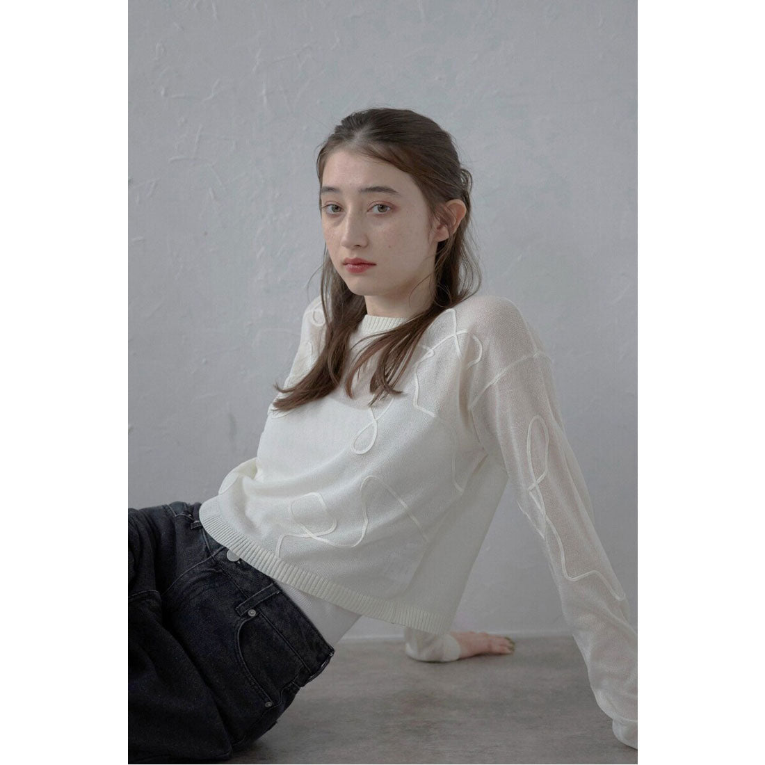 Bonjour Sagan cord embroidery sheer knit tops / Cord embroidery sheer