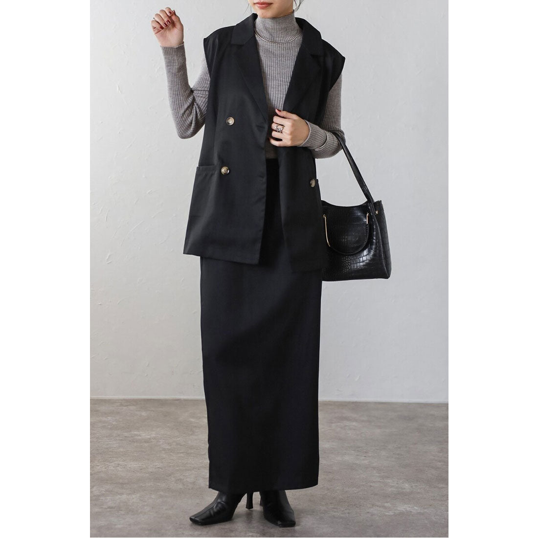 ボンジュールサガン BONJOUR SAGAN [SET]ダブルボタンジレ×バックゴムIラインスカート （BLACK） BLACK