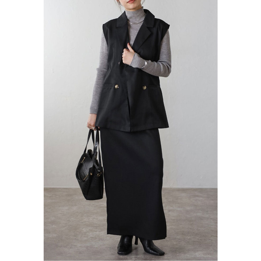 ボンジュールサガン BONJOUR SAGAN [SET]ダブルボタンジレ×バックゴムIラインスカート （BLACK） BLACK