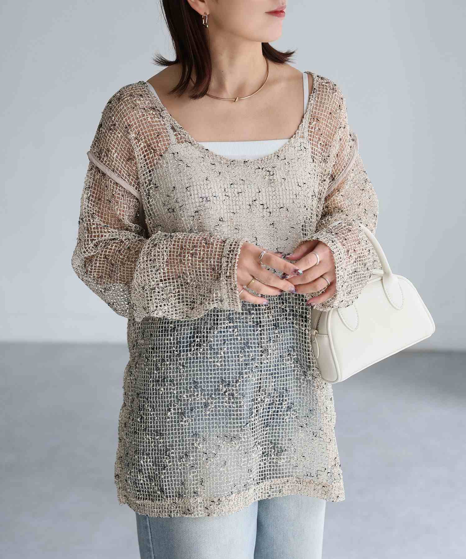 リベリー Riberry 前後2WAY透かし編みメッシュニットプルオーバー （ベージュ） ベージュ