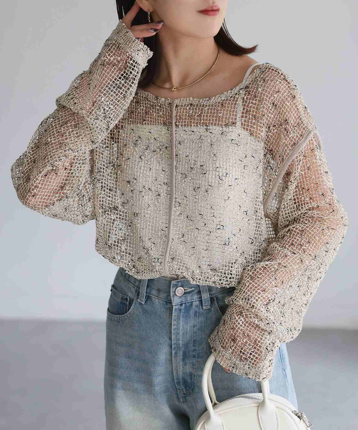 リベリー Riberry 前後2WAY透かし編みメッシュニットプルオーバー （ベージュ） ベージュ