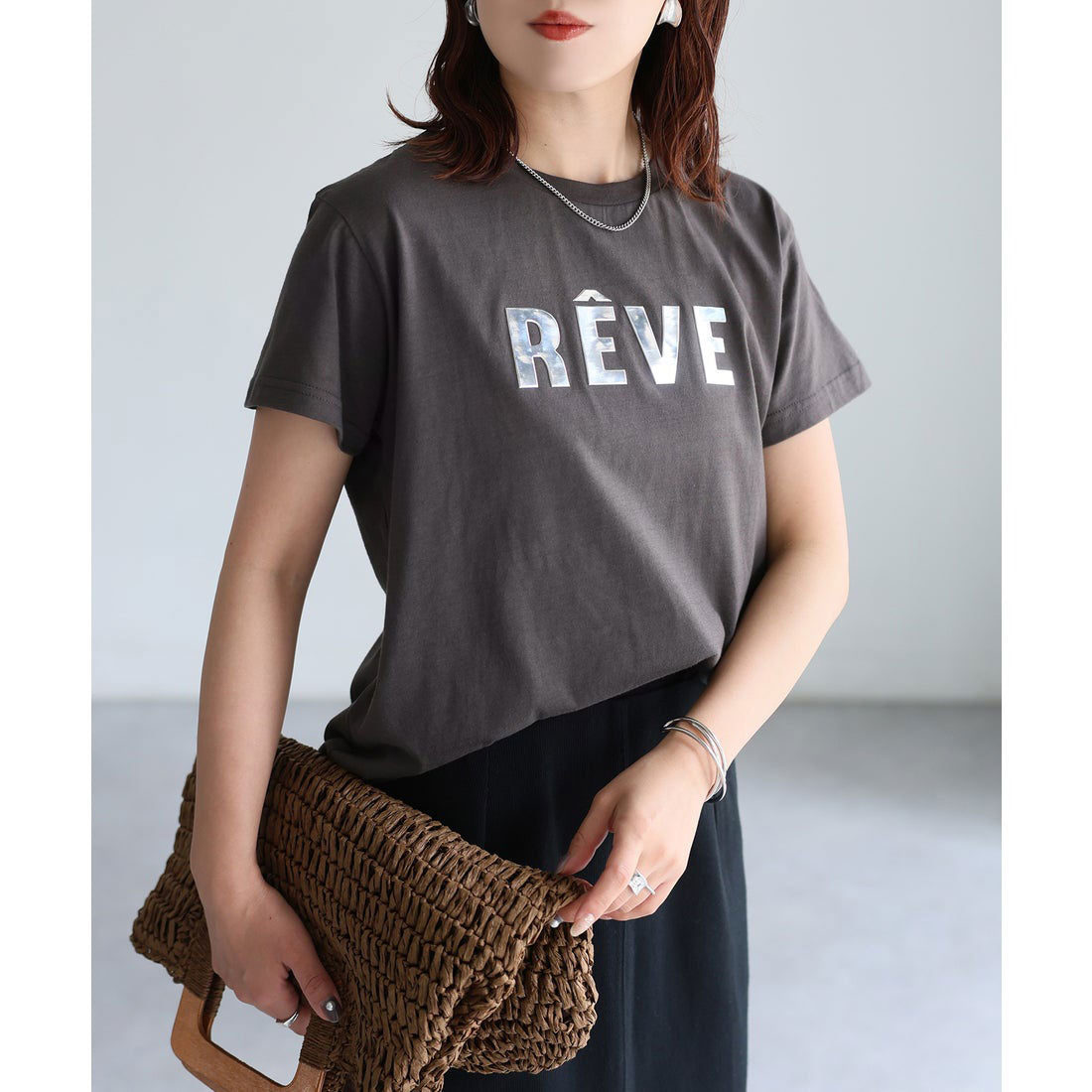 リベリー Riberry 発砲プリントメタリックロゴTシャツ （チャコールグレー） チャコールグレー