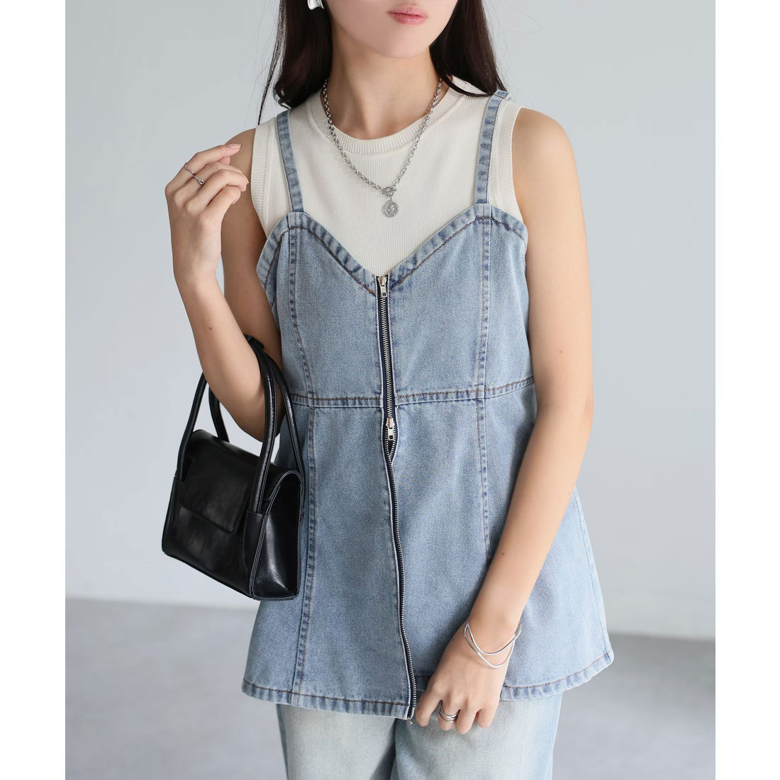 リベリー Riberry ダブルジップデニムペプラムビスチェ/キャミ （ブルー） ブルー