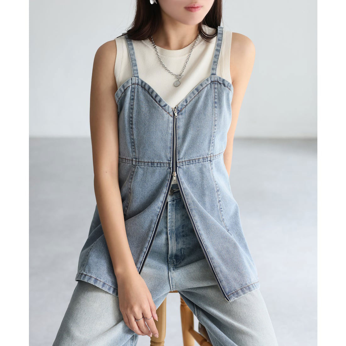 リベリー Riberry ダブルジップデニムペプラムビスチェ/キャミ （ブルー） ブルー