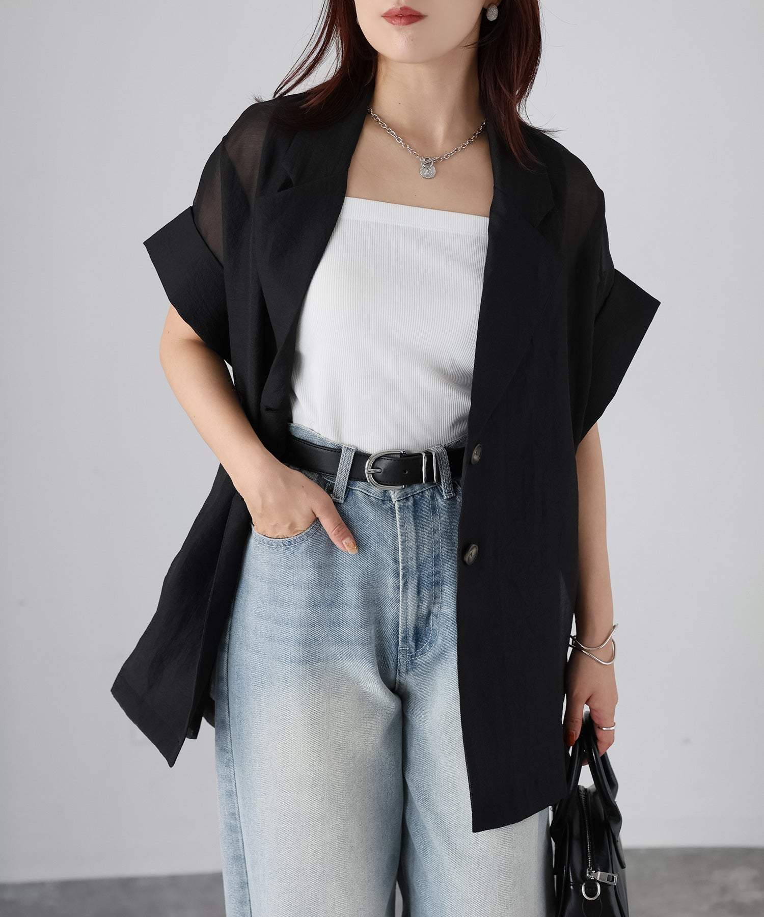 リベリー Riberry シアー半袖シャツジャケット （ブラック） ブラック