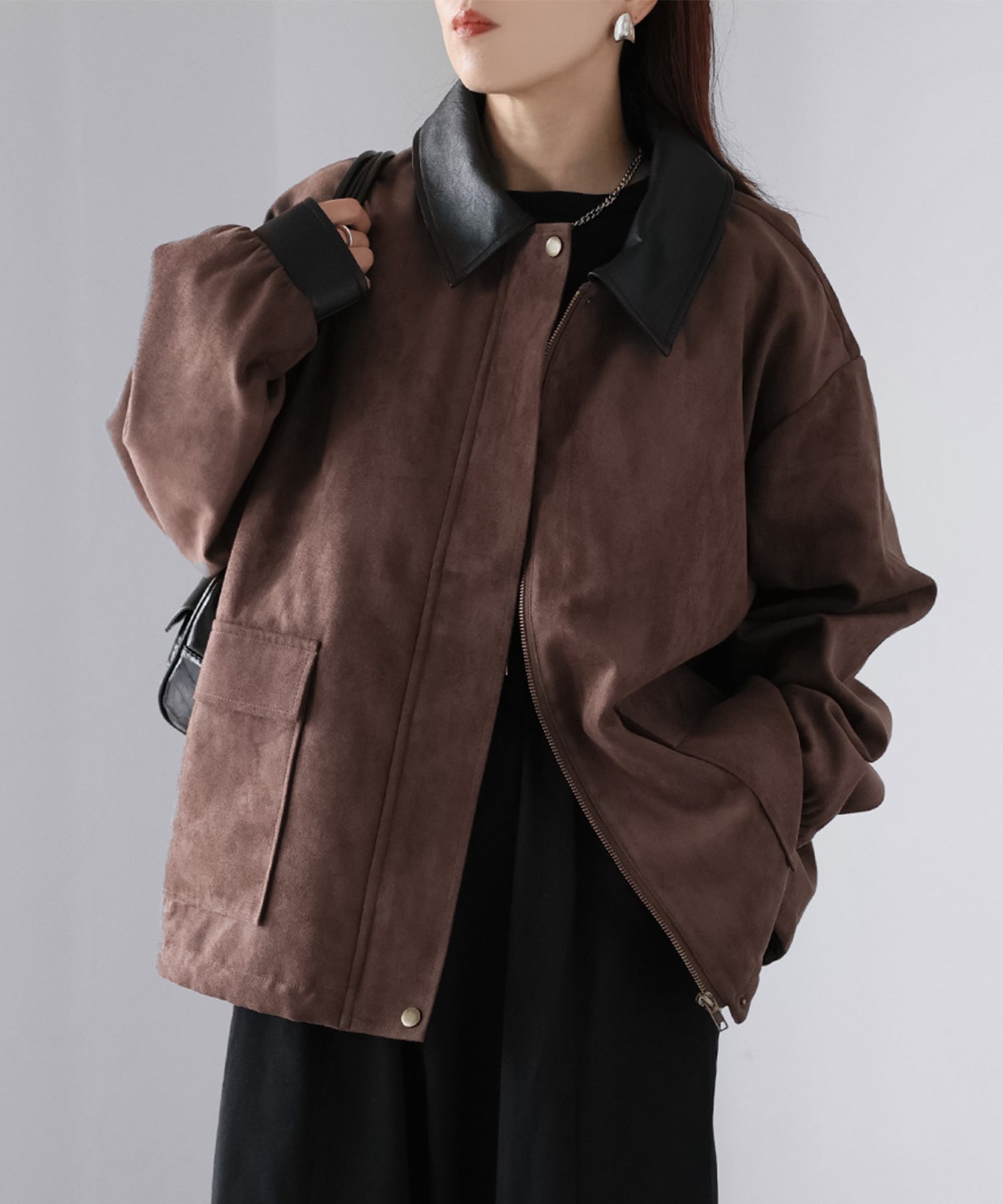 リベリー Riberry フェイクレザー切替中綿スエードブルゾン （ブラウン） ブラウン