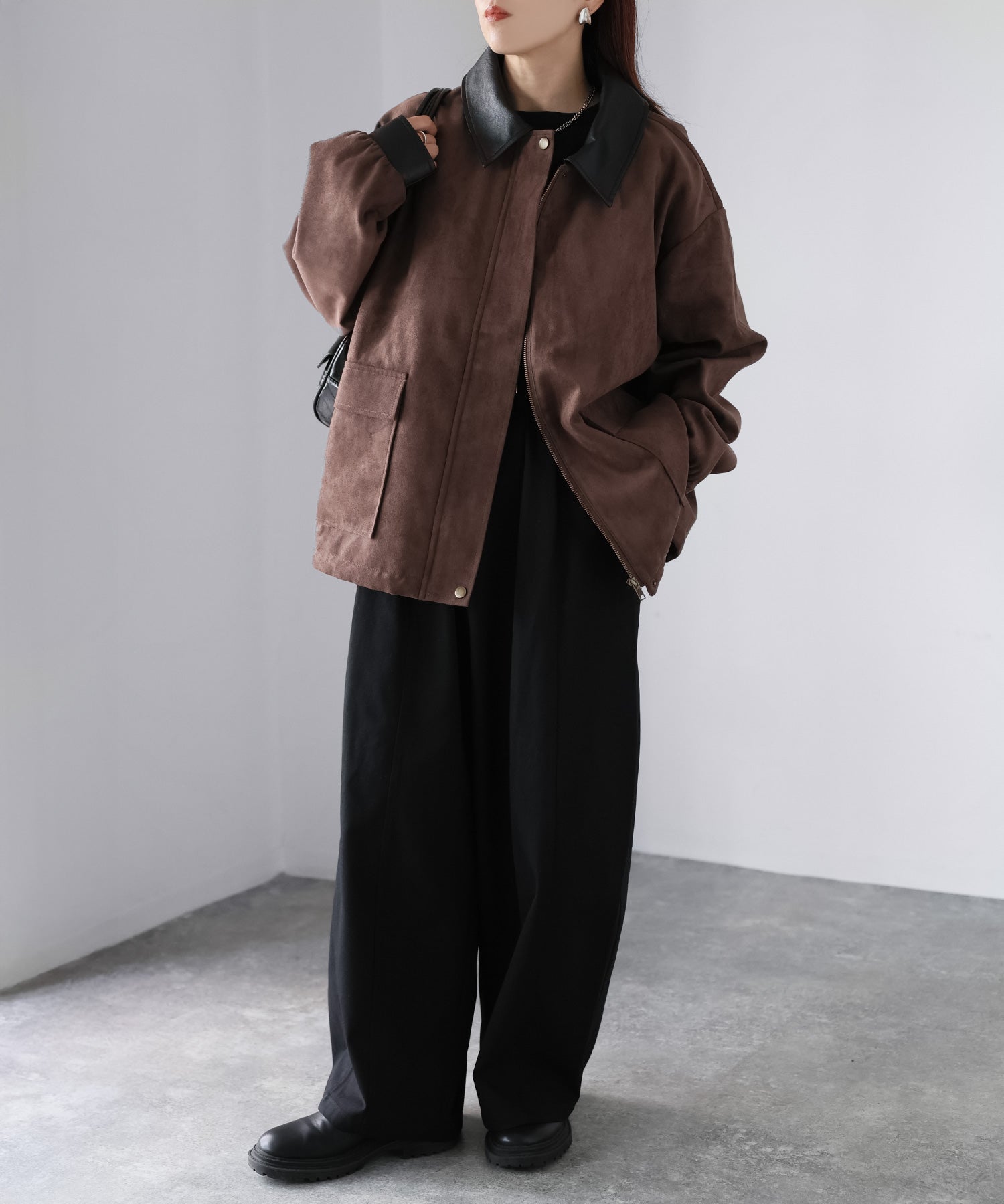 リベリー Riberry フェイクレザー切替中綿スエードブルゾン （ブラウン） ブラウン