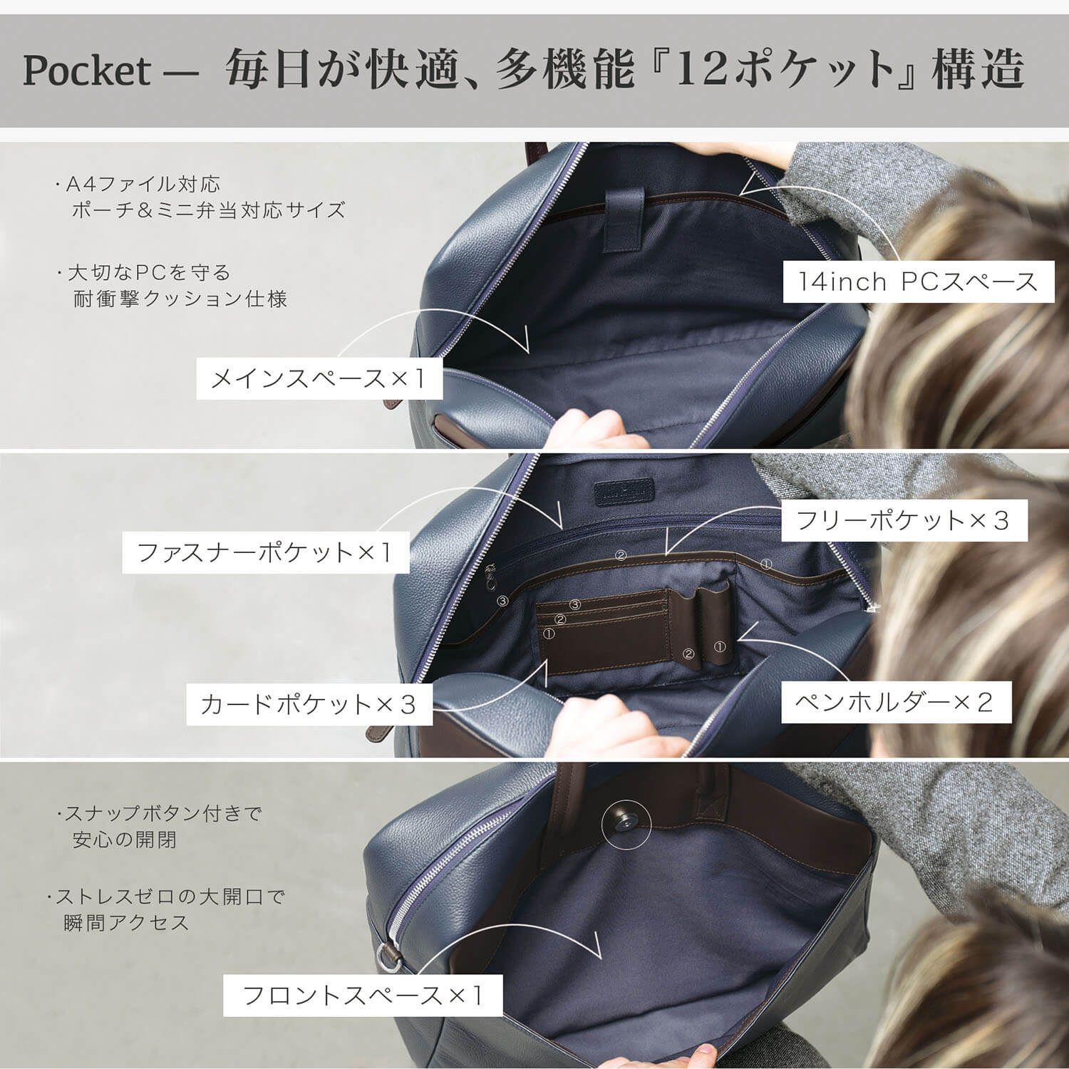 ブルーシンシア BLUE SINCERE 本革 バイカラー ブリーフケース / clavis - クラヴィス - （ダークネイビー×ダークブラウン） ダークネイビー×ダークブラウン