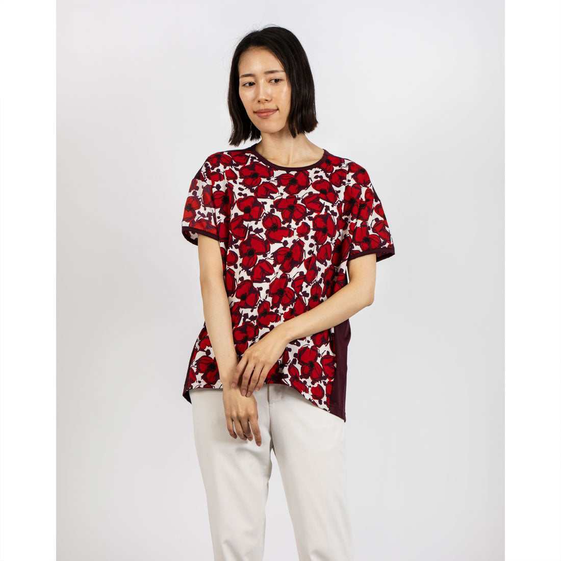 ブローディア BRODIAEA リバティプリント半袖Tシャツ 大花柄×無地切り替えカットソー【日本製】 （ワインレッド） ワインレッド