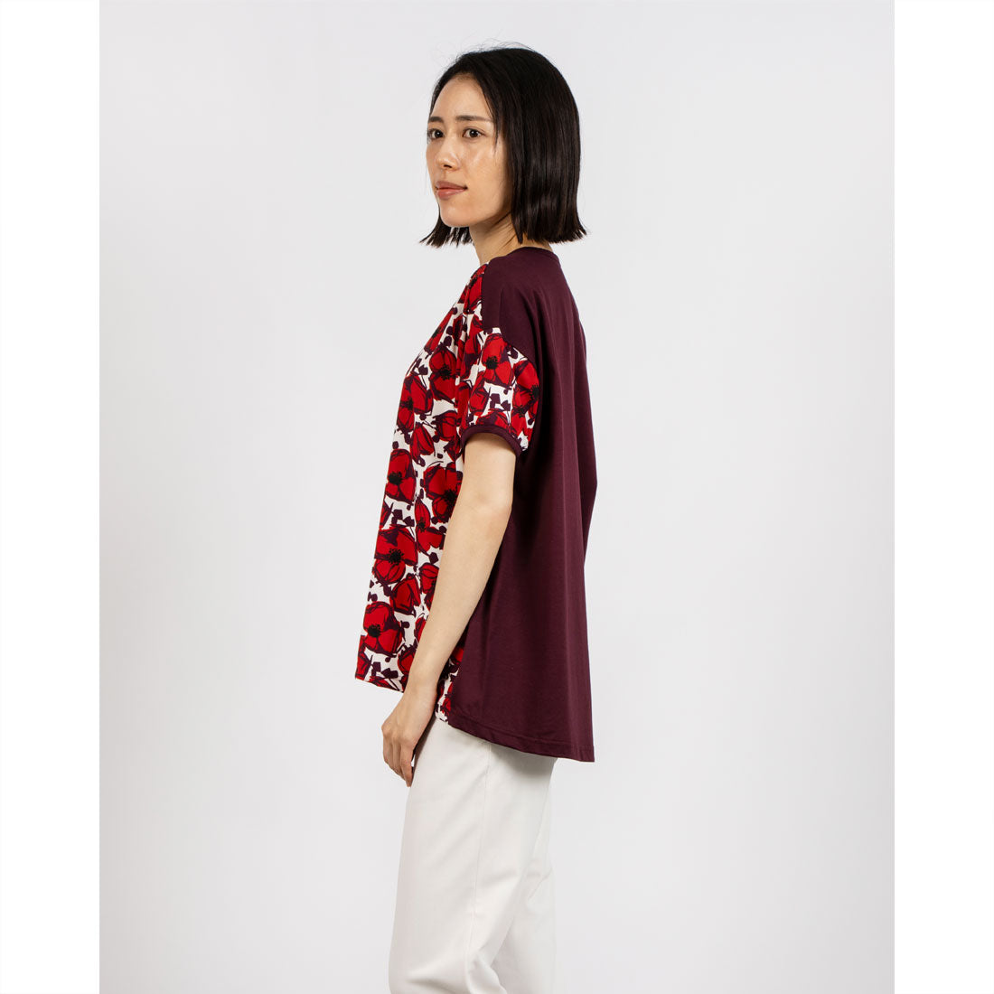 ブローディア BRODIAEA リバティプリント半袖Tシャツ 大花柄×無地切り替えカットソー【日本製】 （ワインレッド） ワインレッド