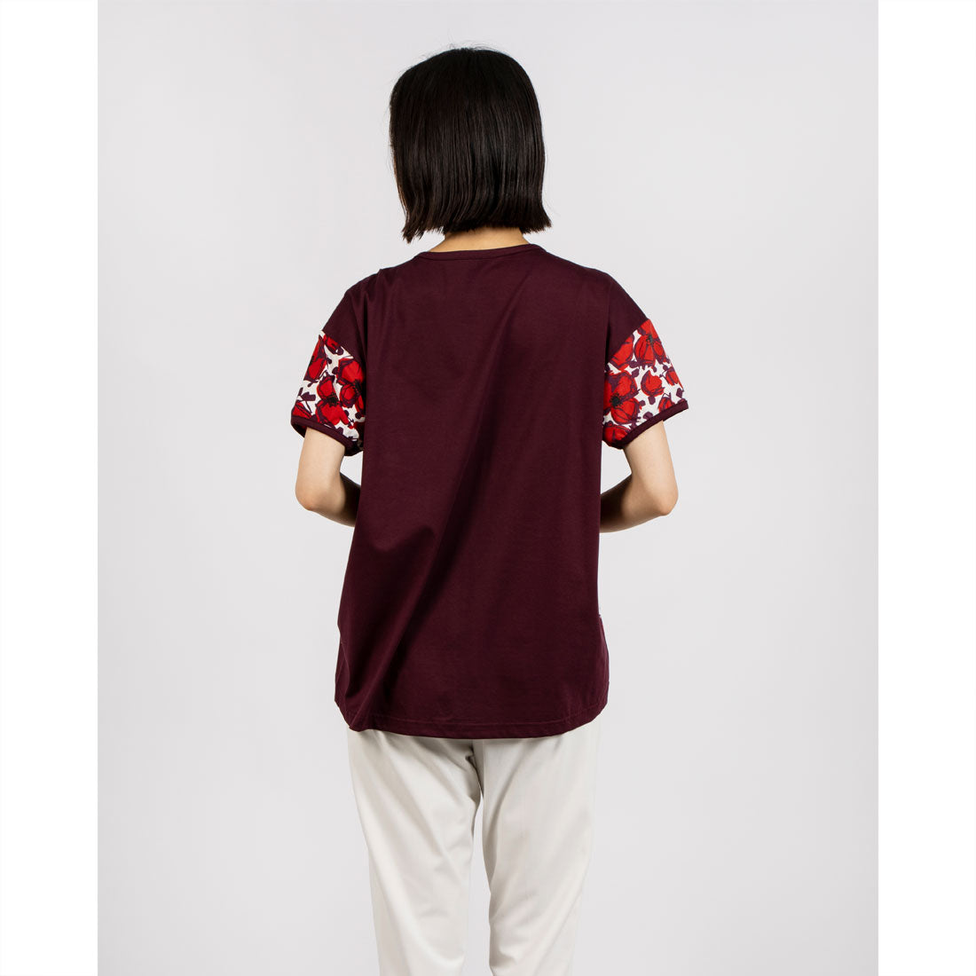 ブローディア BRODIAEA リバティプリント半袖Tシャツ 大花柄×無地切り替えカットソー【日本製】 （ワインレッド） ワインレッド