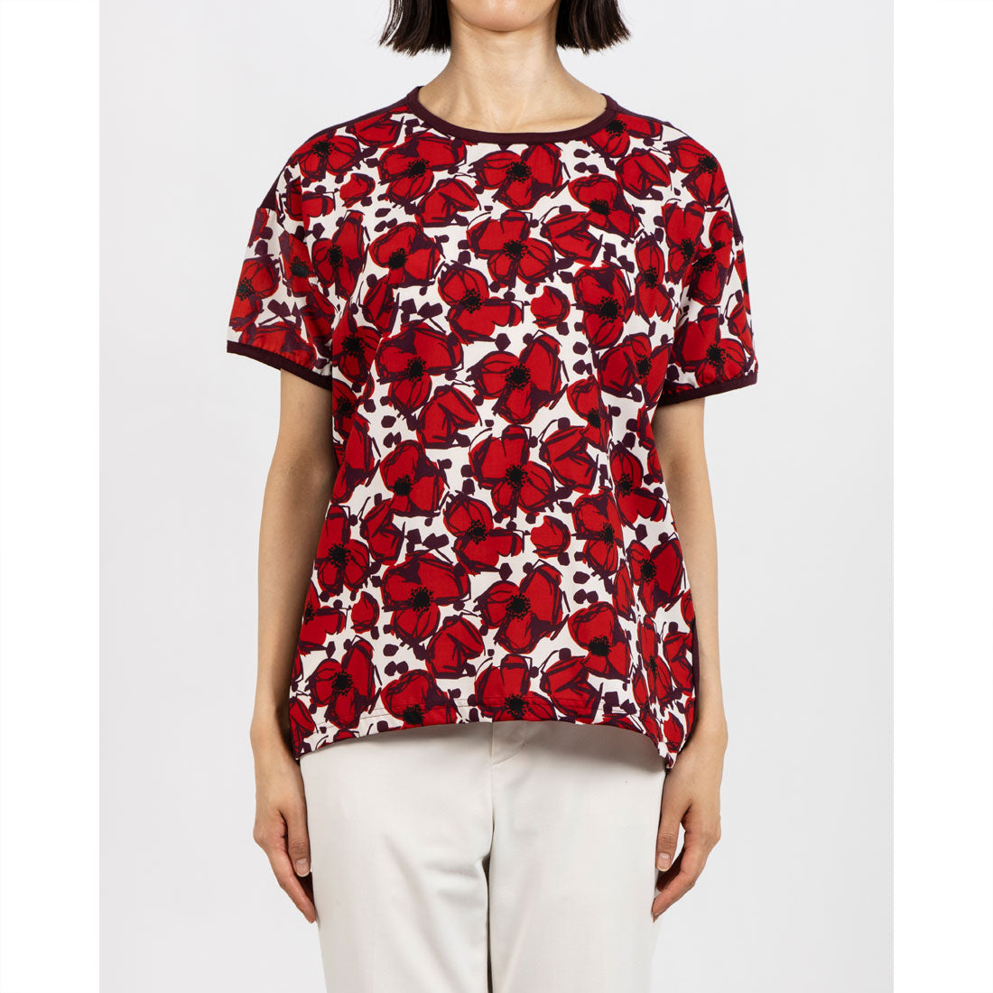 ブローディア BRODIAEA リバティプリント半袖Tシャツ 大花柄×無地切り替えカットソー【日本製】 （ワインレッド） ワインレッド