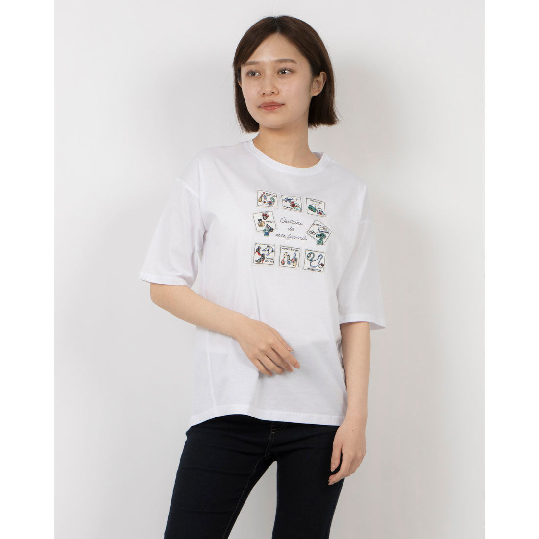 ブローディア BRODIAEA 切手モチーフ刺繍半袖Tシャツ （ネイビー） ネイビー