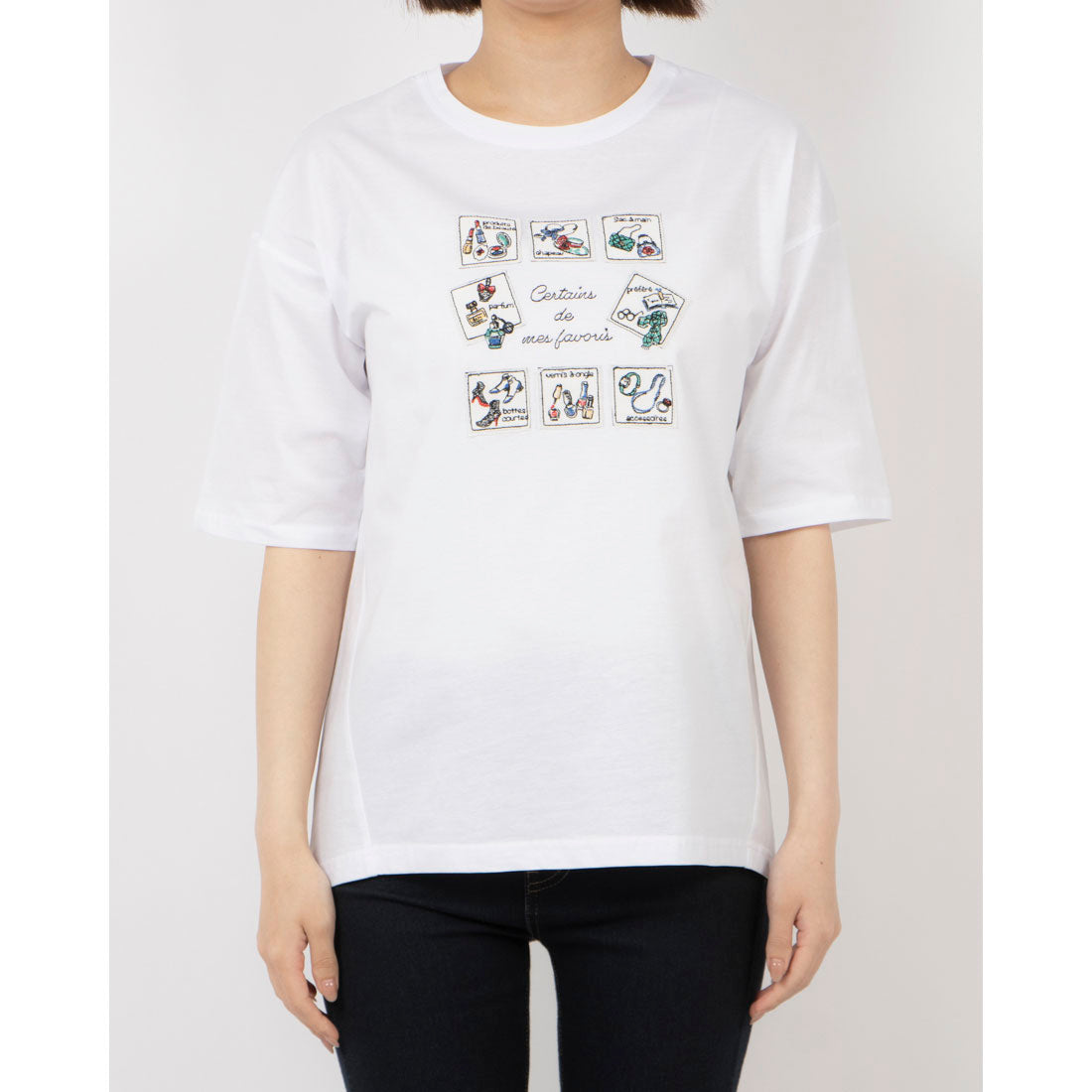 ブローディア BRODIAEA 切手モチーフ刺繍半袖Tシャツ （ネイビー） ネイビー
