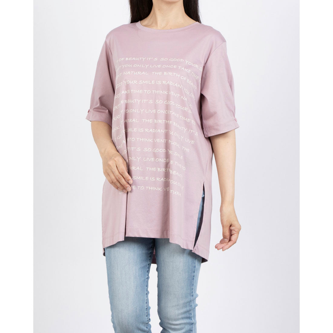 ブローディア BRODIAEA 英文プリント半袖チュニック （ピンク） ピンク