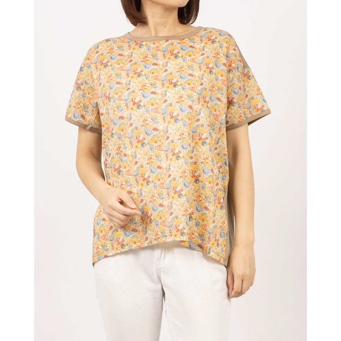 ブローディア BRODIAEA リバティープリントミラクルウェーブ ボタニカル柄切り替え半袖Tシャツ （ベージュ） ベージュ