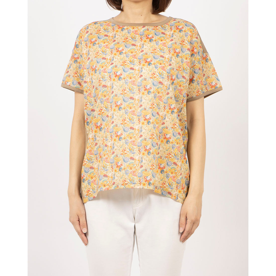 ブローディア BRODIAEA リバティープリントミラクルウェーブ ボタニカル柄切り替え半袖Tシャツ （ベージュ） ベージュ