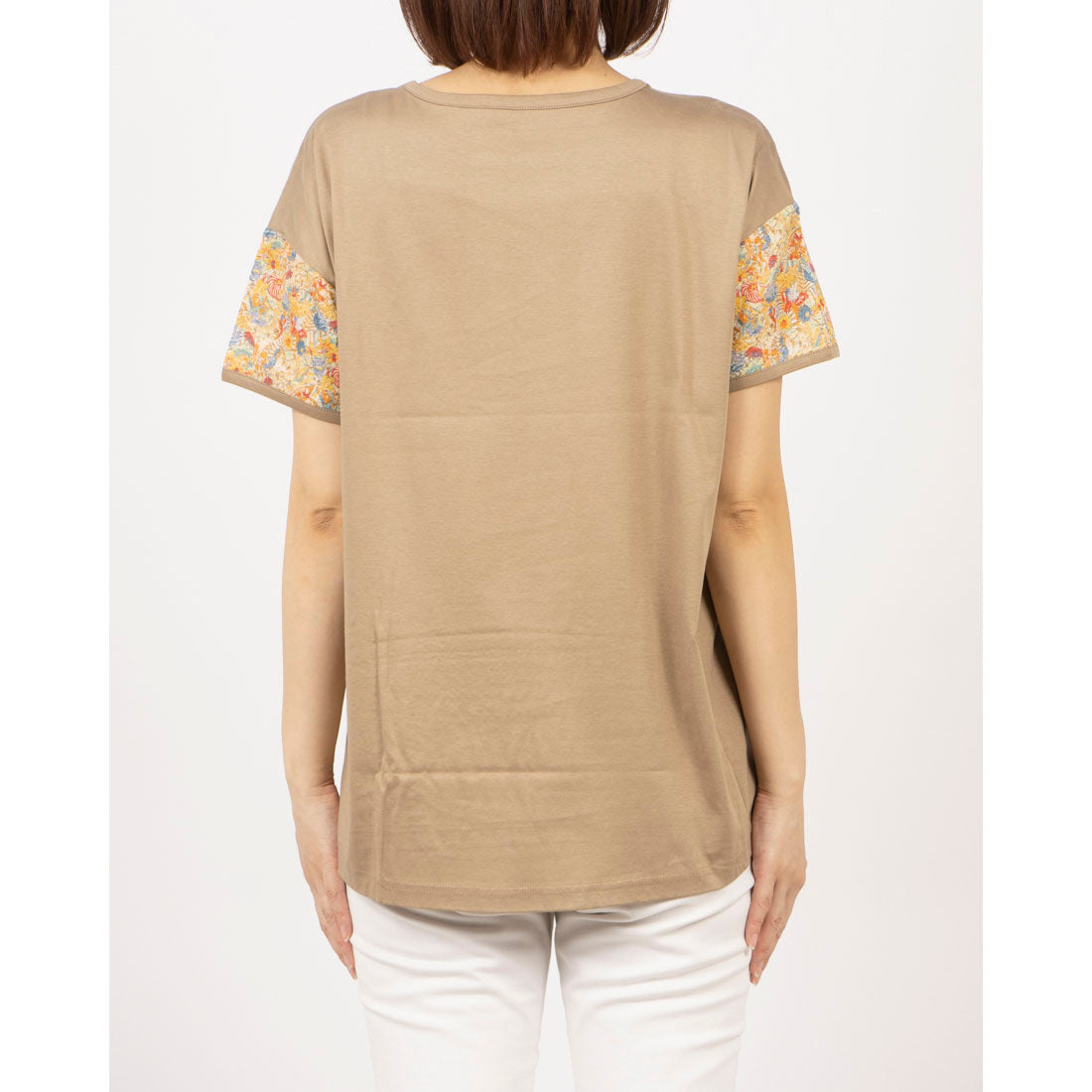 ブローディア BRODIAEA リバティープリントミラクルウェーブ ボタニカル柄切り替え半袖Tシャツ （ベージュ） ベージュ