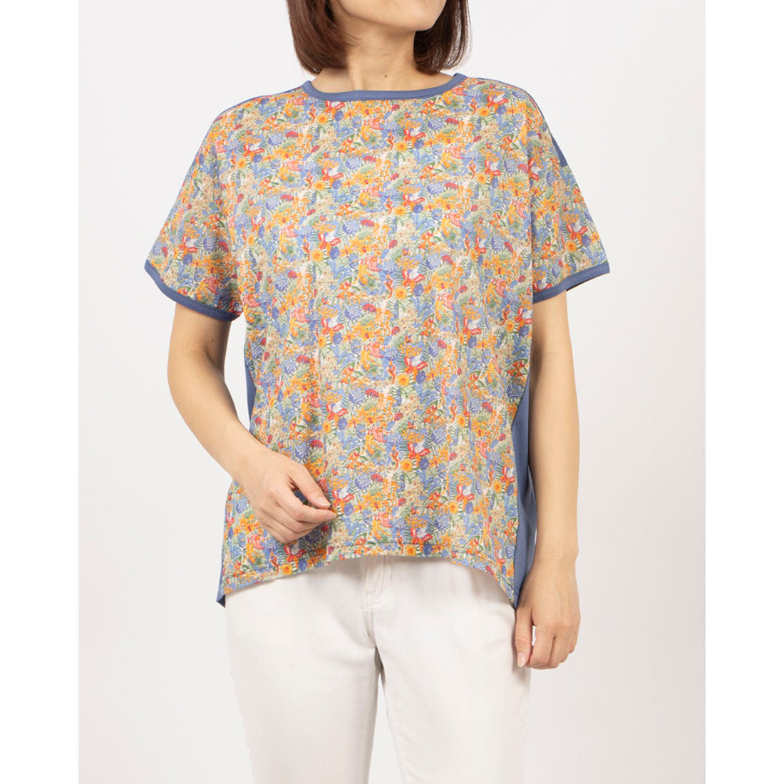 ブローディア BRODIAEA リバティープリントミラクルウェーブ ボタニカル柄切り替え半袖Tシャツ （ブルー） ブルー