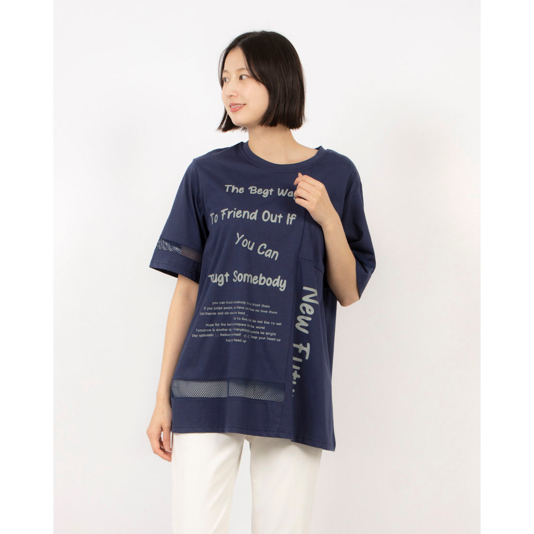 ブローディア BRODIAEA ツルサラコットンシリーズ メッシュ切り替えロゴプリント半袖Tシャツ （ネイビー） ネイビー