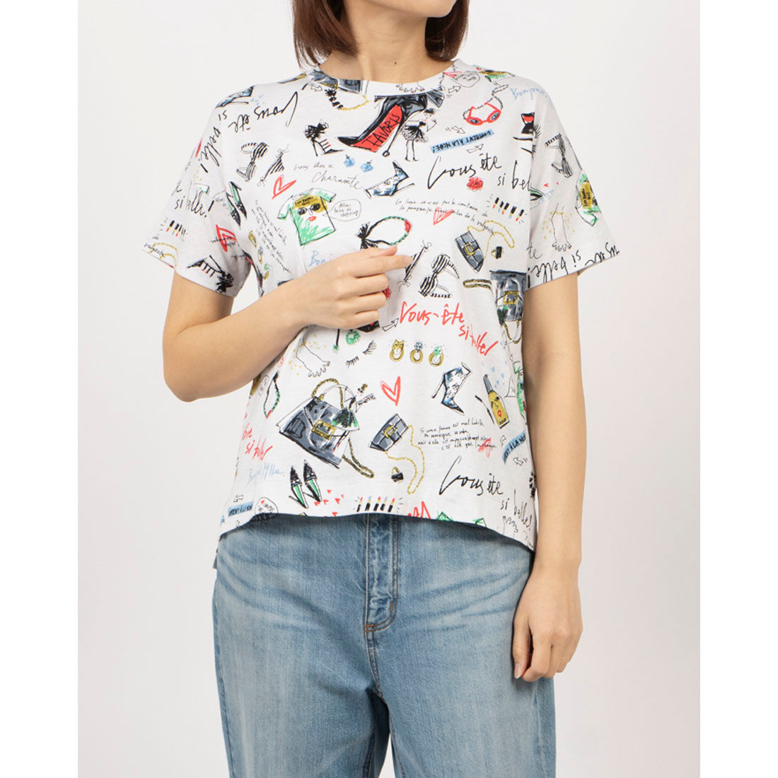 ブローディア BRODIAEA シルケット 手書き風イラスト総柄 半袖Tシャツ （シルバーグレー） シルバーグレー