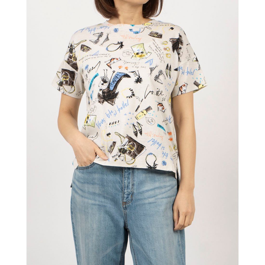 ブローディア BRODIAEA シルケット 手書き風イラスト総柄 半袖Tシャツ （ベージュ） ベージュ