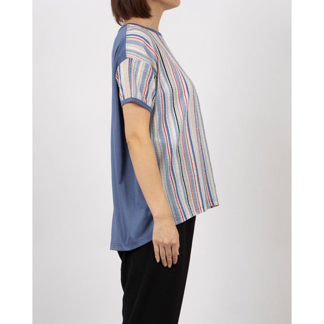 ブローディア BRODIAEA ミラクルウェーブ マルチカラーストライプ切り替え半袖Tシャツ （ブルー） ブルー