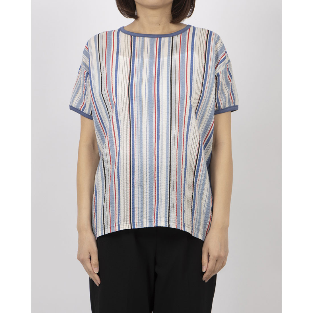 ブローディア BRODIAEA ミラクルウェーブ マルチカラーストライプ切り替え半袖Tシャツ （ブルー） ブルー