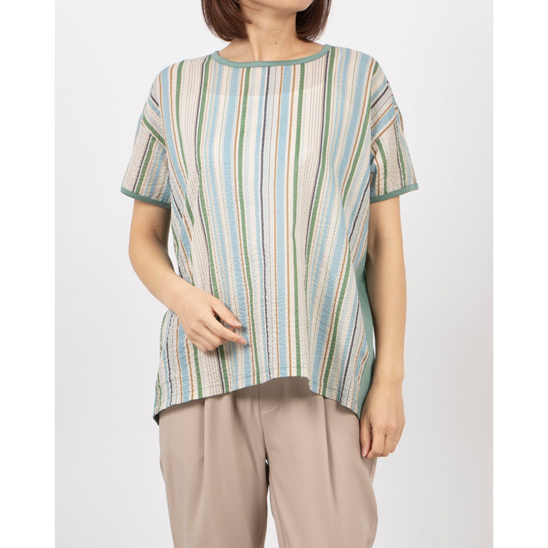 ブローディア BRODIAEA ミラクルウェーブ マルチカラーストライプ切り替え半袖Tシャツ （モスグリーン） モスグリーン