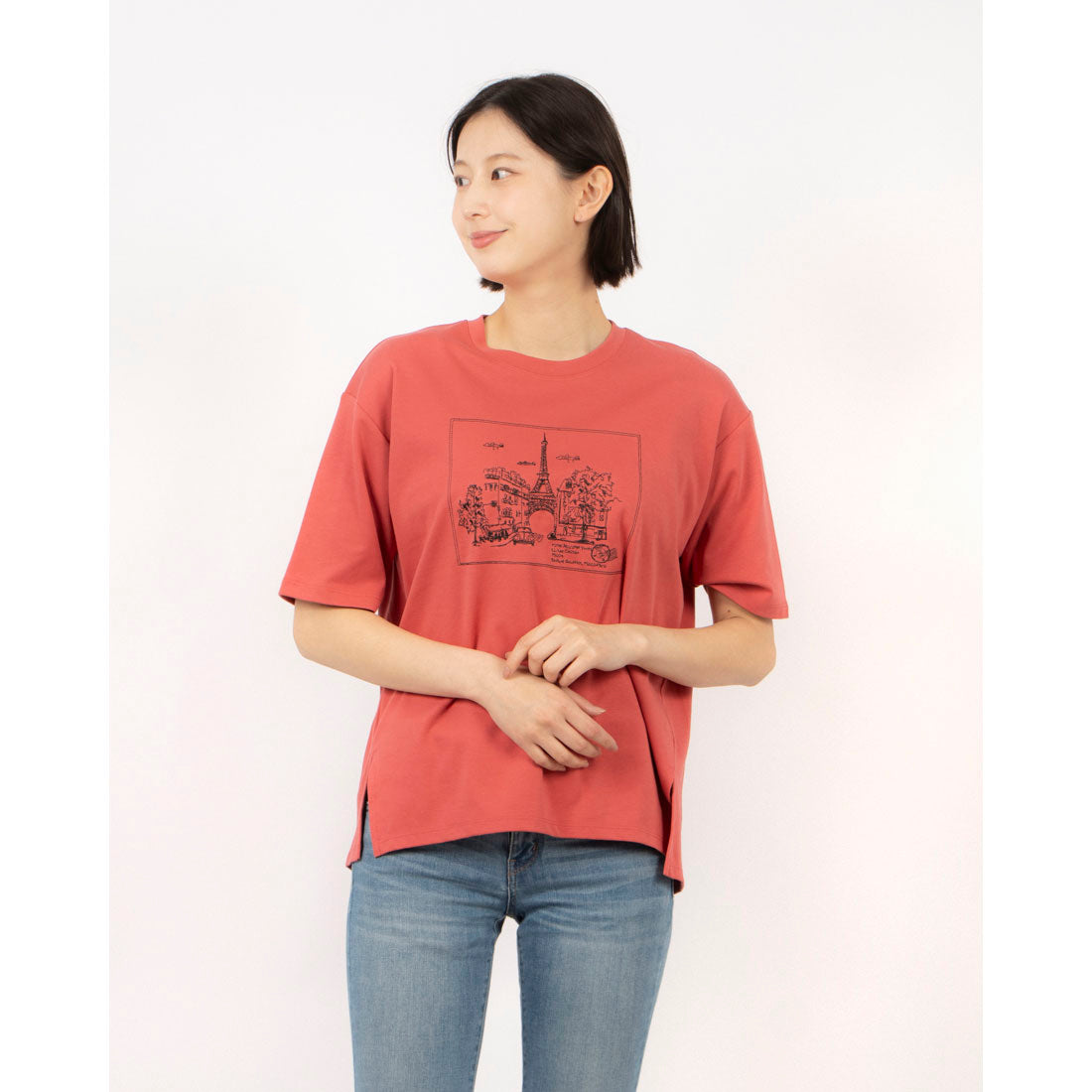 ブローディア BRODIAEA PREMIUMスムース 風景刺繍半袖Tシャツ （レッド） レッド