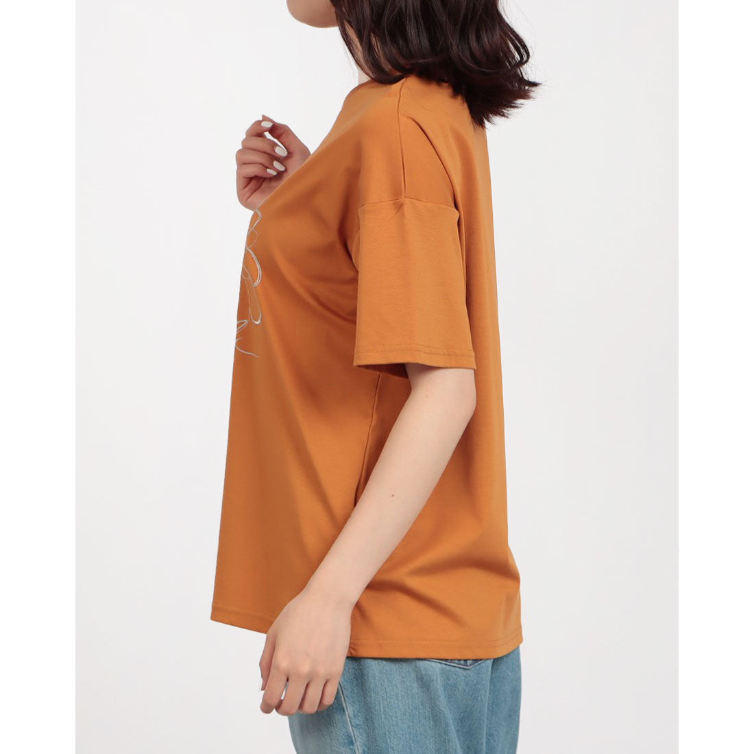 ブローディア BRODIAEA フラワー刺繍×プリント半袖Tシャツ （レンガ） レンガ