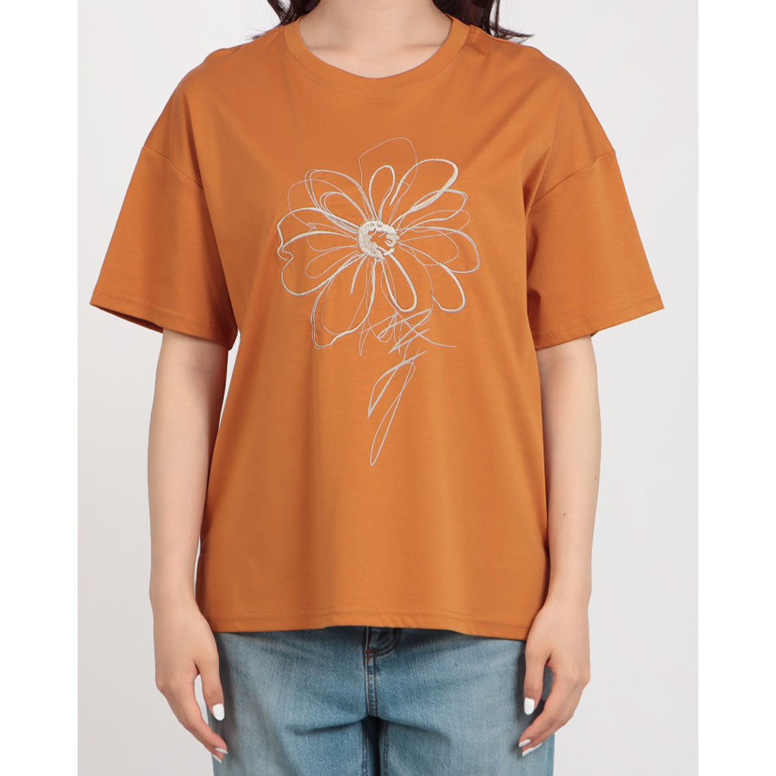 ブローディア BRODIAEA フラワー刺繍×プリント半袖Tシャツ （レンガ） レンガ