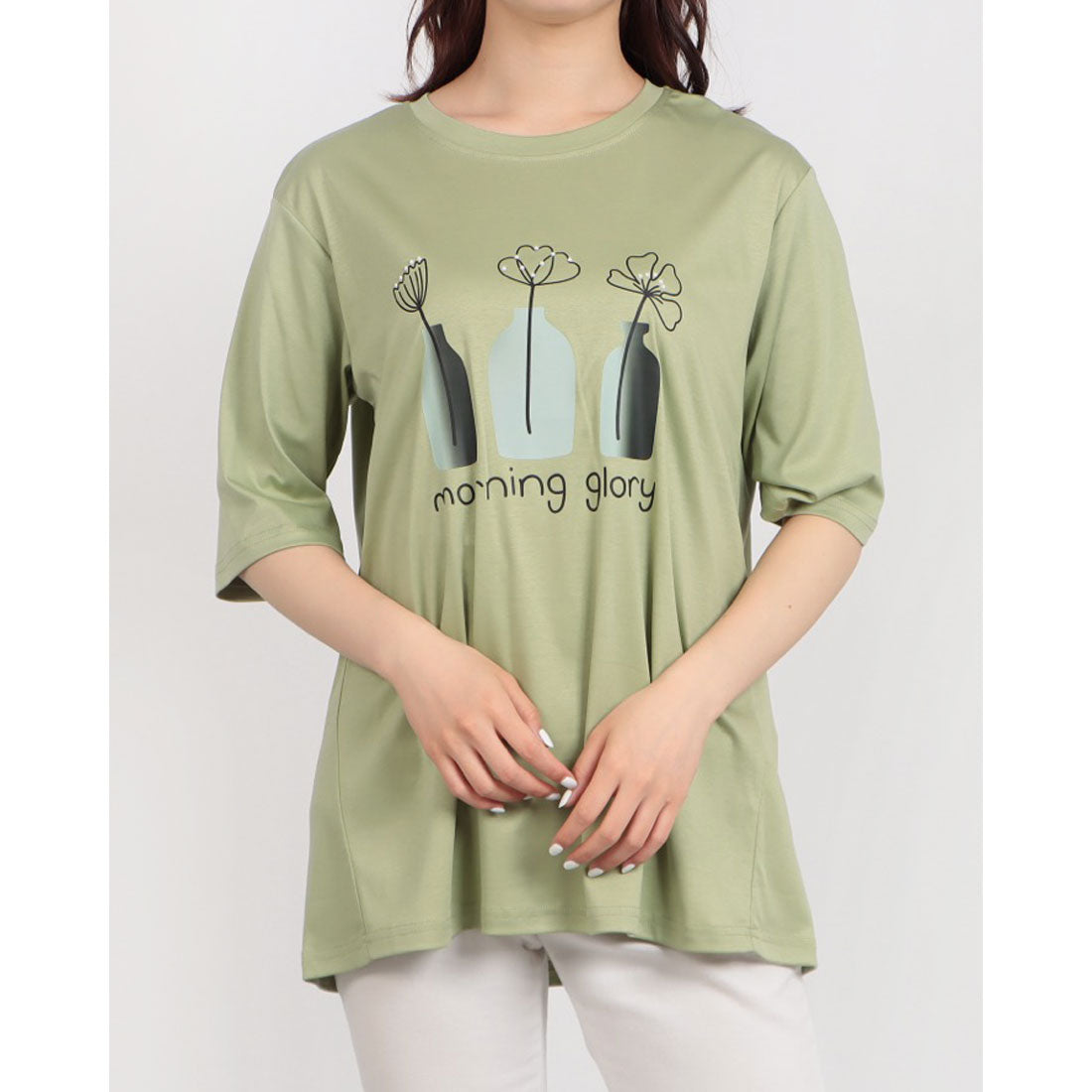 ブローディア BRODIAEA 線画フラワープリント半袖Tシャツ （ライトグリーン） ライトグリーン