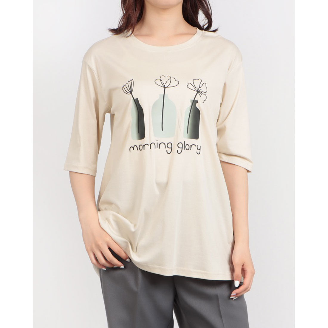ブローディア BRODIAEA 線画フラワープリント半袖Tシャツ （ベージュ） ベージュ