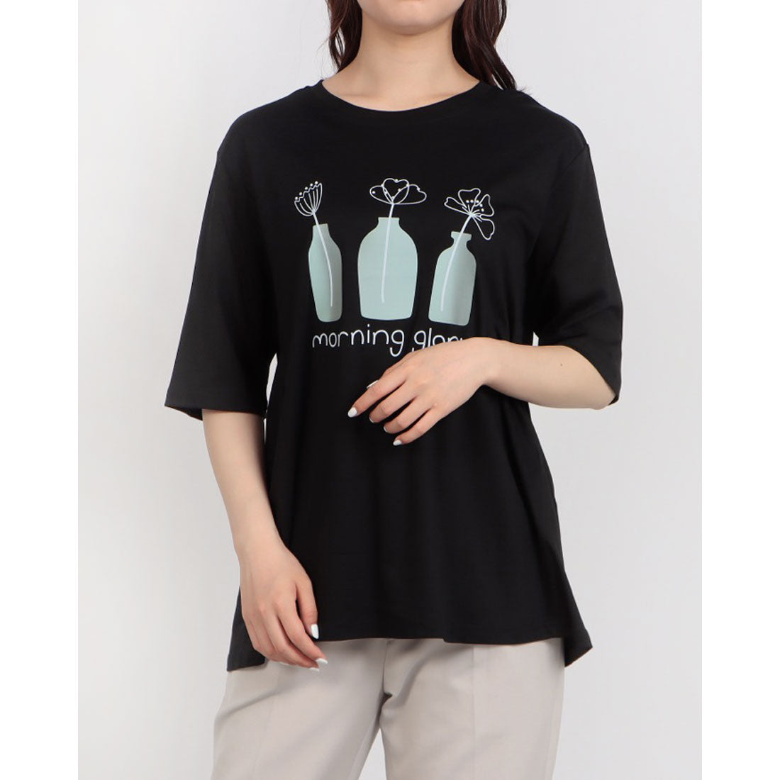 ブローディア BRODIAEA 線画フラワープリント半袖Tシャツ （ブラック） ブラック