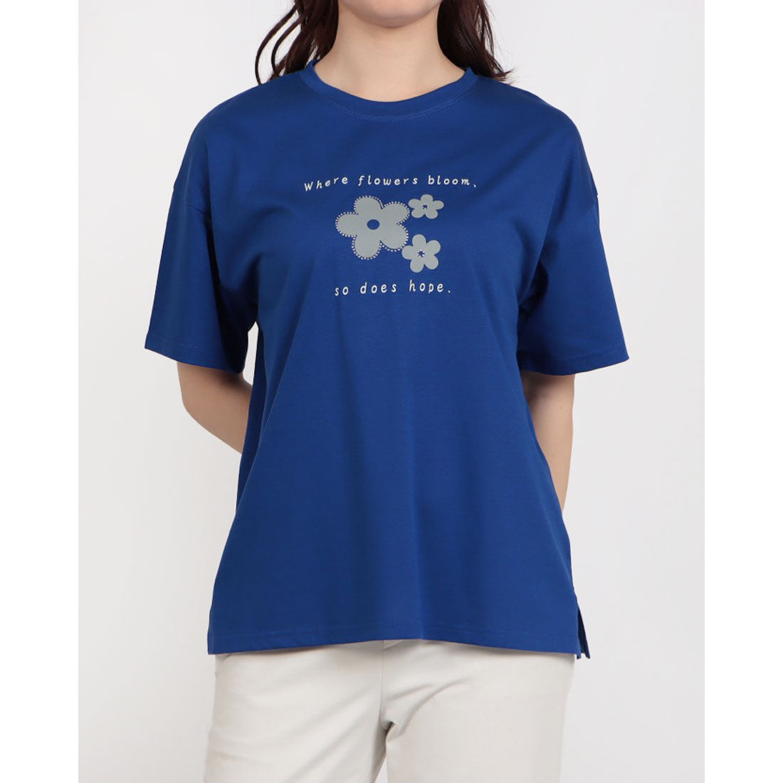 ブローディア BRODIAEA フラワープリントスパンコール半袖Tシャツ （ロイヤルブルー） ロイヤルブルー