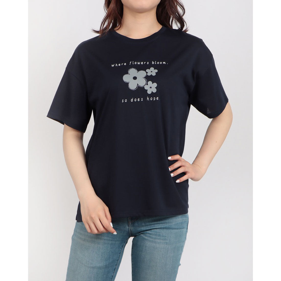 ブローディア BRODIAEA フラワープリントスパンコール半袖Tシャツ （ネイビー） ネイビー