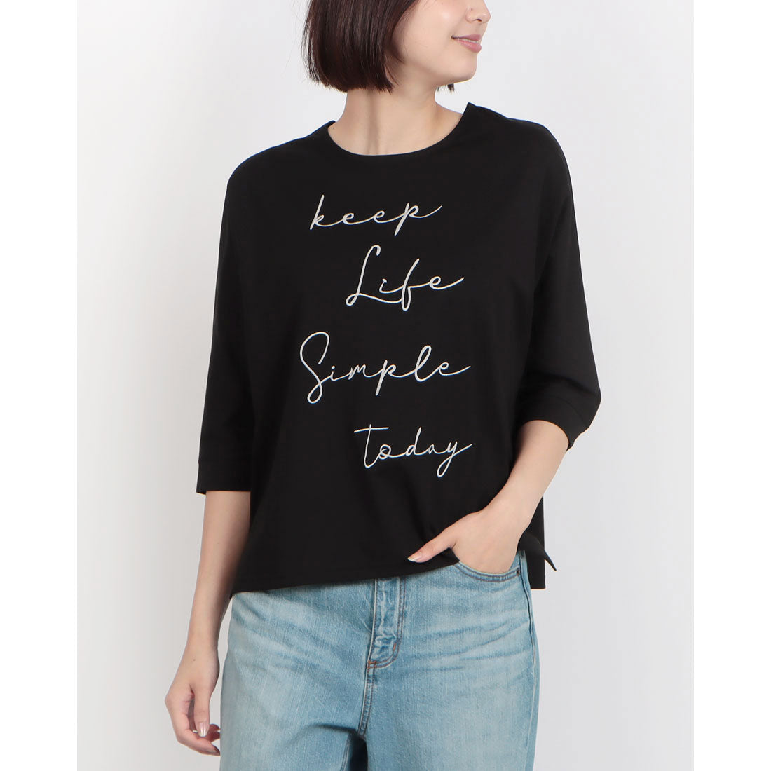 ブローディア BRODIAEA ロゴ刺繍七分袖Tシャツ （ブラック） ブラック